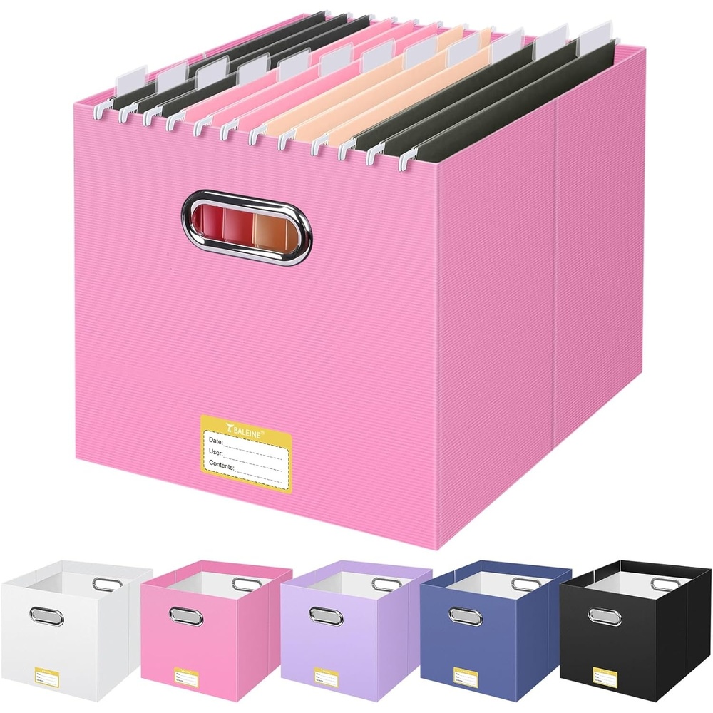 image:imageBALEINE File Organizer Box Cardboard File Folder Organizer with Handle for Letter Size Portable Collapsible Hanging Filing Box for Home Office Document Storage 2 Pack Large BlackPink