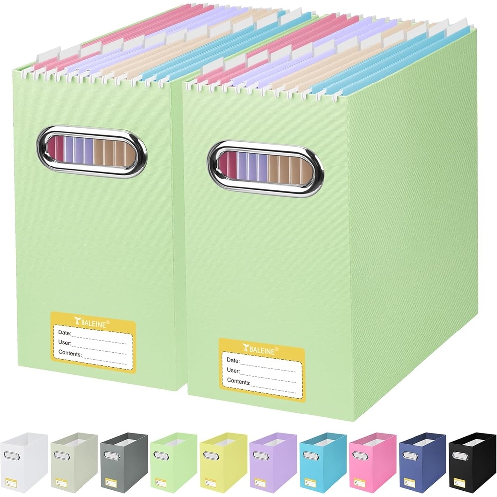 image:imageBALEINE File Organizer Box Cardboard File Folder Organizer with Handle for Letter Size Portable Collapsible Hanging Filing Box for Home Office Document Storage 2 Pack Large BlackGreen