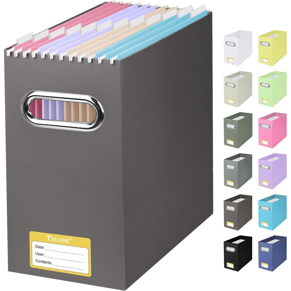 image:imageBALEINE File Organizer Box Cardboard File Folder Organizer with Handle for Letter Size Portable Collapsible Hanging Filing Box for Home Office Document Storage 2 Pack Large BlackBrown