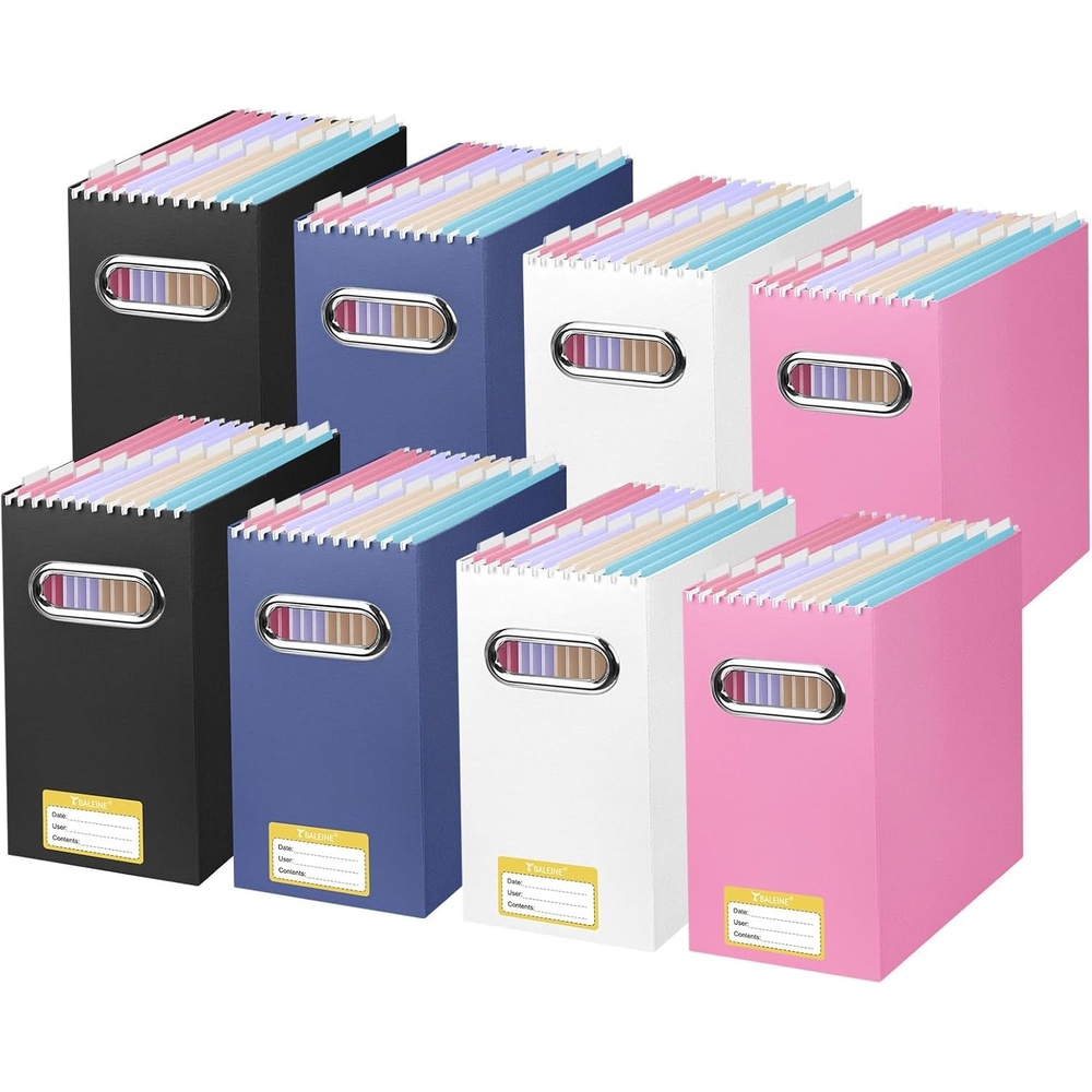 image:imageBALEINE File Organizer Box Cardboard File Folder Organizer with Handle for Letter Size Portable Collapsible Hanging Filing Box for Home Office Document Storage 2 Pack Large BlackBlackPinkWhiteNavy