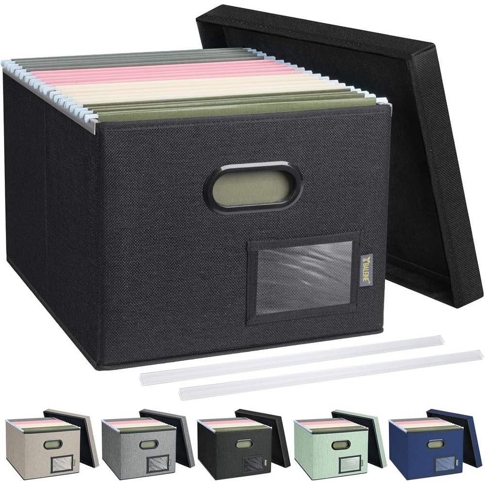 image:imageBALEINE File Organizer Box with Lid Collapsible File Folder Organizer with Plastic Slide Filing Box for Office Home Document Organizer Storage Black 2PKBlack