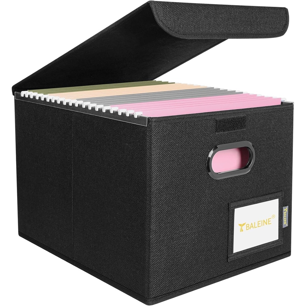 image:imageBALEINE File Organizer Box with Lid Collapsible File Folder Organizer with Plastic Slide Hanging File Folder Box for Office Document Storage Tab Friendly 2 Pack BlackBlack