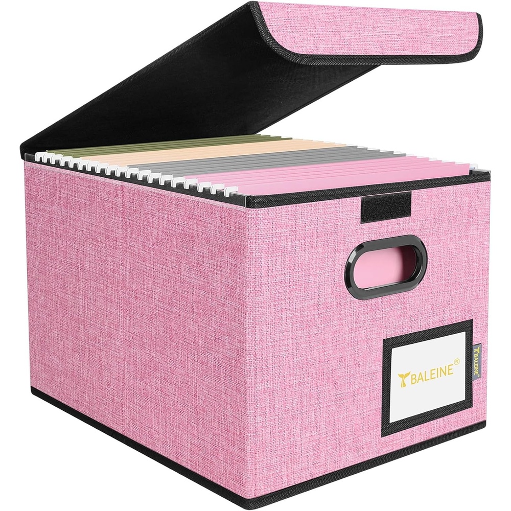 image:imageBALEINE File Organizer Box with Lid Collapsible File Folder Organizer with Plastic Slide Hanging File Folder Box for Office Document Storage Tab Friendly 2 Pack BlackPink