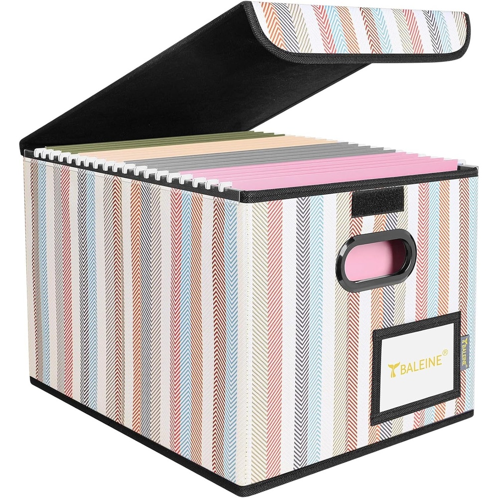 image:imageBALEINE File Organizer Box with Lid Collapsible File Folder Organizer with Plastic Slide Hanging File Folder Box for Office Document Storage Tab Friendly 2 Pack BlackColor Stripe