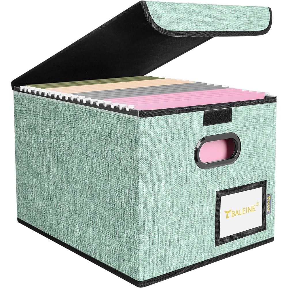 image:imageBALEINE File Organizer Box with Lid Collapsible File Folder Organizer with Plastic Slide Hanging File Folder Box for Office Document Storage Tab Friendly 2 Pack BlackGreen