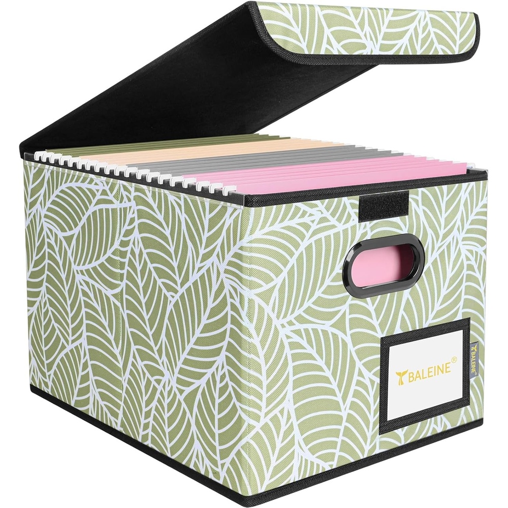 image:imageBALEINE File Organizer Box with Lid Collapsible File Folder Organizer with Plastic Slide Hanging File Folder Box for Office Document Storage Tab Friendly 2 Pack BlackAntique Foliage