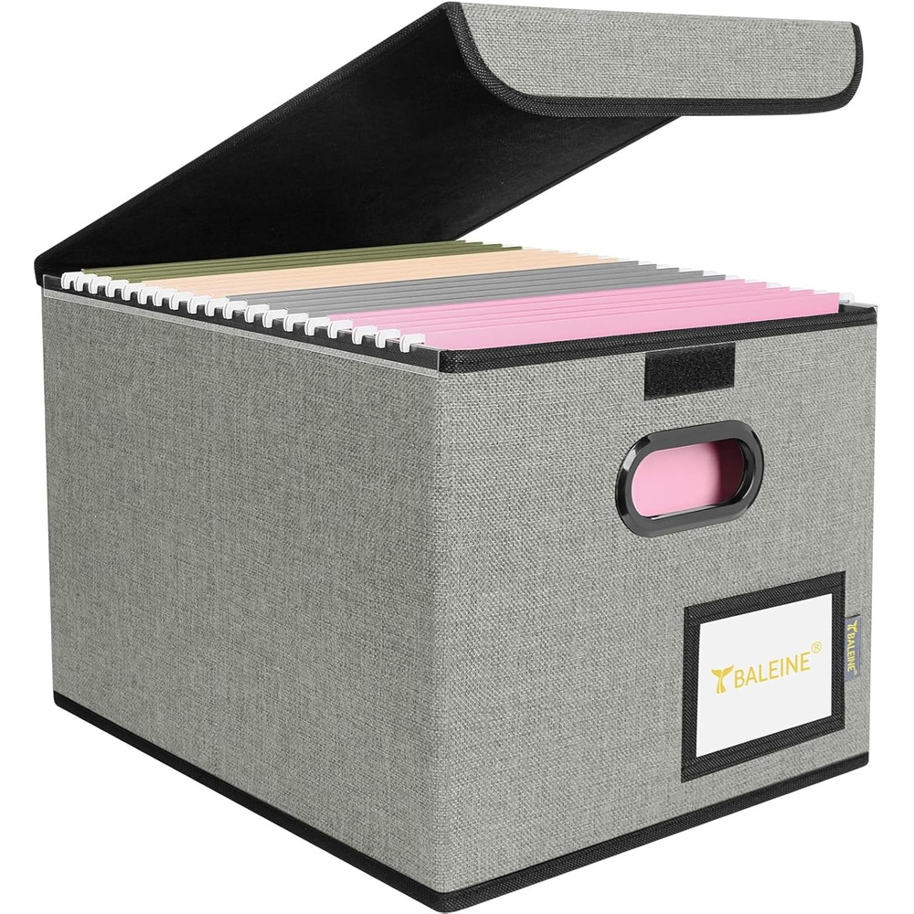 image:imageBALEINE File Organizer Box with Lid Collapsible File Folder Organizer with Plastic Slide Hanging File Folder Box for Office Document Storage Tab Friendly 2 Pack BlackGrey