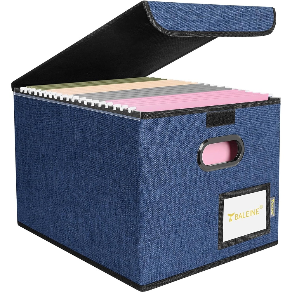 image:imageBALEINE File Organizer Box with Lid Collapsible File Folder Organizer with Plastic Slide Hanging File Folder Box for Office Document Storage Tab Friendly 2 Pack BlackBlue