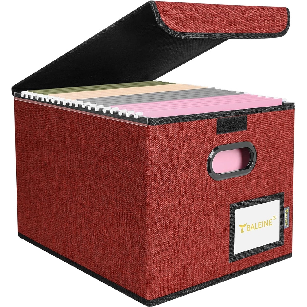 image:imageBALEINE File Organizer Box with Lid Collapsible File Folder Organizer with Plastic Slide Hanging File Folder Box for Office Document Storage Tab Friendly 2 Pack BlackRed