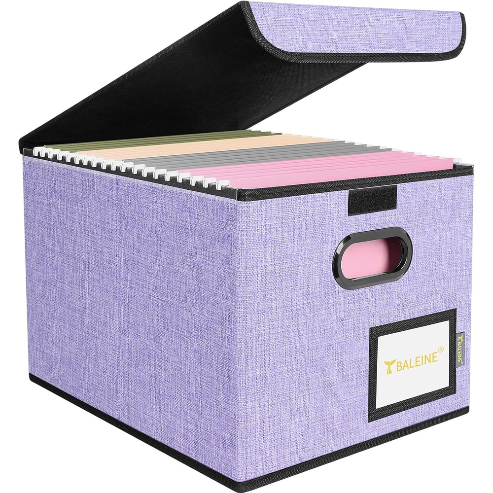 image:imageBALEINE File Organizer Box with Lid Collapsible File Folder Organizer with Plastic Slide Hanging File Folder Box for Office Document Storage Tab Friendly 2 Pack BlackPurple