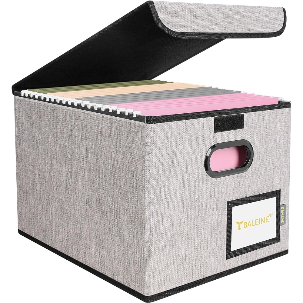 image:imageBALEINE File Organizer Box with Lid Collapsible File Folder Organizer with Plastic Slide Hanging File Folder Box for Office Document Storage Tab Friendly 2 Pack BlackBeige