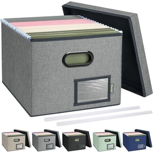 BALEINE File Organizer Box with Lid, Collapsible File Folder Organizer with Plastic Slide, Filing Box for Office Home Document Organizer Storage (Black, 2PK)(Gray)