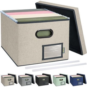 BALEINE File Organizer Box with Lid, Collapsible File Folder Organizer with Plastic Slide, Filing Box for Office Home Document Organizer Storage (Black, 2PK)(Beige)